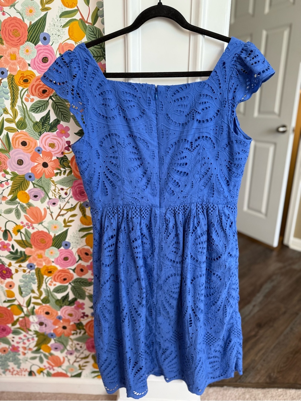Talbots Cornflower Blue Ruffle Eyelet A-Line Dress Square Neck - Picture 2 of 4